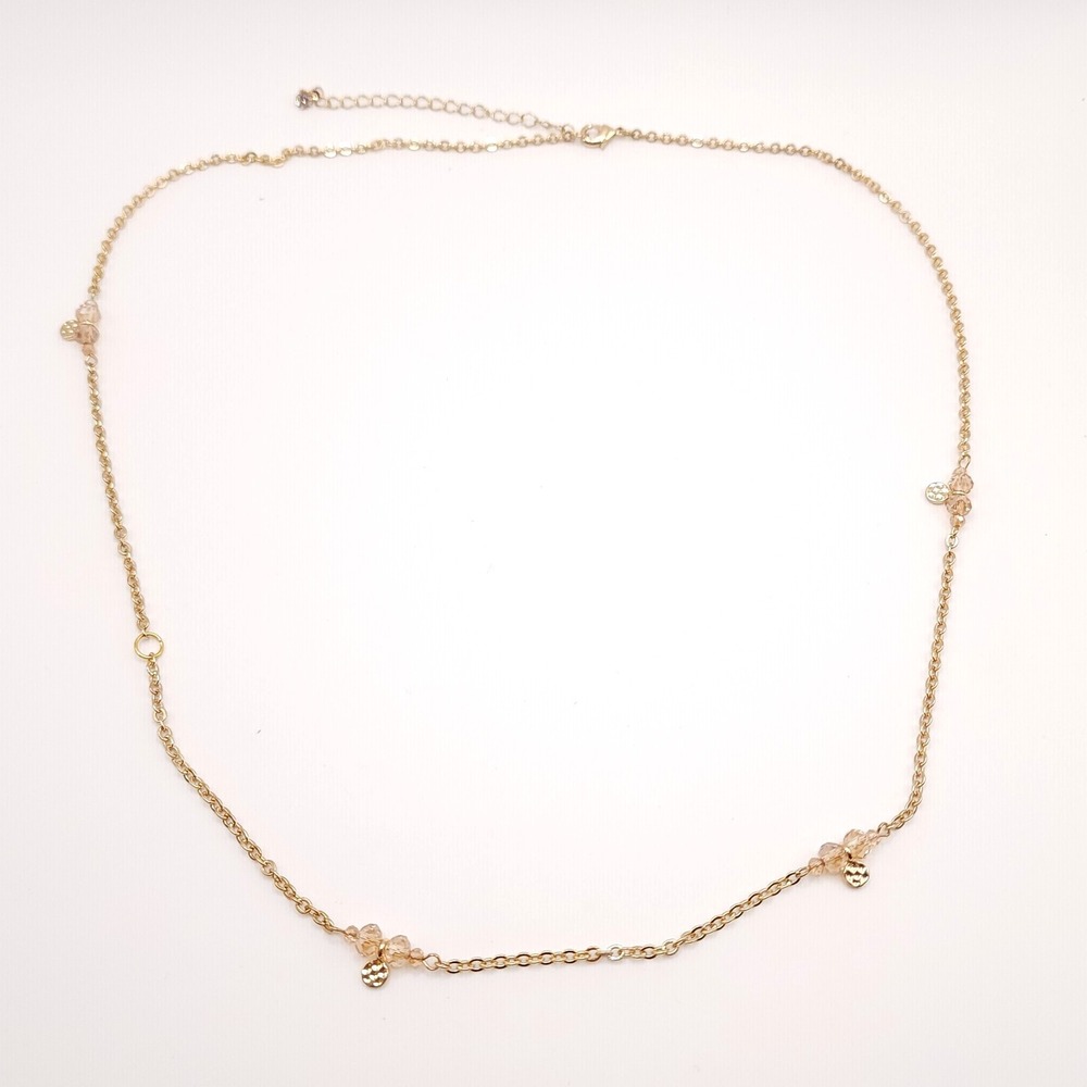 Gold Tone Station Necklace Champagne Beads Disc Layered‎